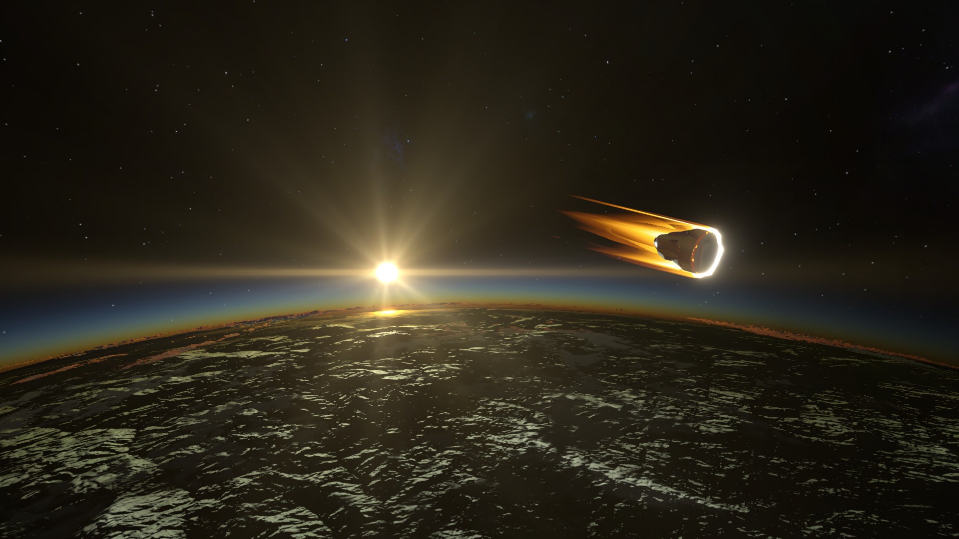 A capsule reentering Kerbin's atmosphere at sunset