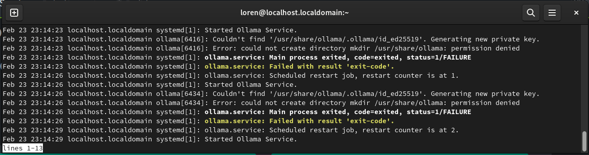 Repeating log entries showing that the Ollama service is failing to start