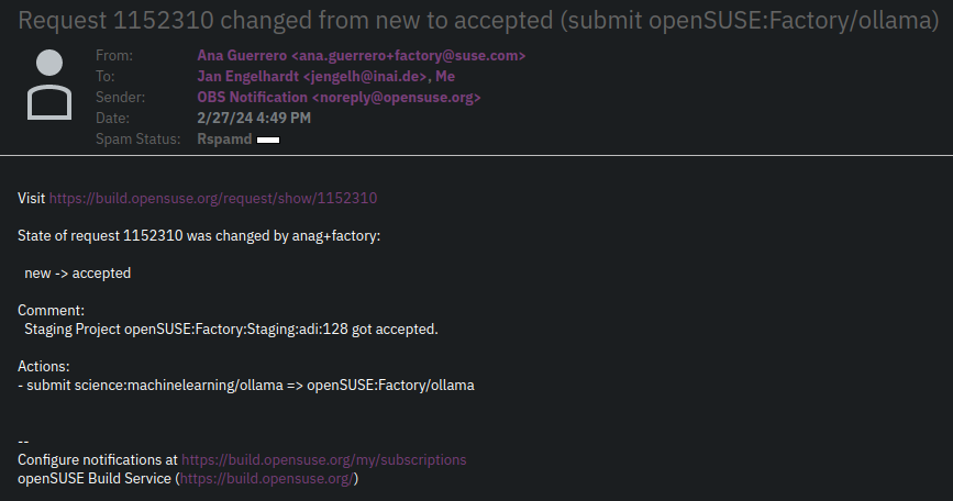 An email stating that Ollama was accepted into openSUSE:Factory