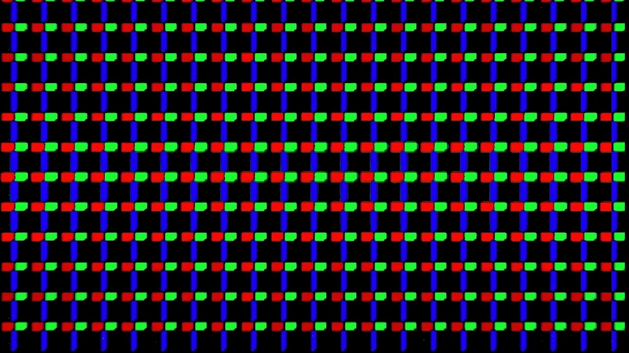 A pixel layout that uses a row of alternating red and green subpixels, interspersed with rows of columnar blue subpixels